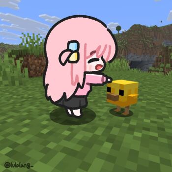 1girl animal baby_animal bird black_skirt blue_eyes bocchi_the_rock! chibi chibi_only chick commentary day english_commentary from_side full_body gotoh_hitori headpat highres jacket long_hair lulalang minecraft one_side_up open_mouth outdoors pink_hair pink_jacket skirt solo standing twitter_username