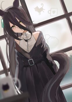 1girl absurdres ahoge animal_ears animal_print araca_ra bare_shoulders belt black_belt black_dress blonde_hair cat_print closed_mouth collared_shirt commentary cup dress ear_ornament ear_tag earrings english_commentary expressionless hair_between_eyes highres horse_ears horse_girl horse_tail indoors jewelry long_hair long_hair_between_eyes long_sleeves looking_at_viewer manhattan_cafe_(umamusume) mug multicolored_hair pleated_dress shirt single_earring sleeveless sleeveless_shirt solo tail umamusume very_long_hair weapon white_hair window yellow_eyes