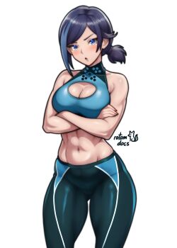 1girl abs absurdres annoyed artist_name asymmetrical_hair asymmetrical_sidelocks bare_arms bare_shoulders blue_eyes blue_hair blue_pants blue_sports_bra blue_streaks blush breasts cleavage cleavage_cutout clothing_cutout commentary cowboy_shot crossed_arms dead_or_alive dead_or_alive_xtreme dead_or_alive_xtreme_venus_vacation embarrassed english_commentary gluteal_fold highres large_breasts looking_at_viewer midriff multicolored_hair navel pants ponytail purple_hair reika_(doa) rotomdocs short_hair short_ponytail sidelocks signature sleeveless solo sports_bra sportswear standing stomach streaked_hair toned toned_female two-tone_hair white_background workout_clothes yoga_pants