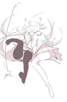 2girls akemi_homura ass back_bow black_pantyhose bow commentary_request floating_hair hair_bow hand_on_another's_back heart highres holding_hands juliet_sleeves kaname_madoka kiss kokoro6636 leg_up long_hair long_sleeves mahou_shoujo_madoka_magica mitakihara_school_uniform monochrome multiple_girls no_shoes pantyhose pleated_skirt puffy_sleeves school_uniform shirt short_hair short_twintails skirt spoken_heart thighhighs twintails white_background white_thighhighs yuri