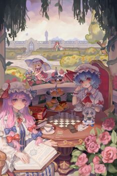 Rule 34 | 5girls, absurdres, ascot, bishop (chess), black eyes, blue bow, blue hair, blue hat, board game, book, book stack, bow, brooch, broom, broom riding, burger, bush, card, cheesecake, chess, chess piece, chessboard, clock, clock tower, closed mouth, cloud, commentary request, crescent, crescent hat ornament, cup, cupcake, day, dress, elbow rest, flandre scarlet, flower, food, frilled skirt, frilled sleeves, frills, fumo (doll), gate, green hat, green skirt, green vest, hair bow, hand on own hip, handong luhuo, hat, hat ornament, highres, holding, holding book, holding umbrella, hong meiling, izayoi sakuya, jewelry, king (chess), kirisame marisa, long dress, long hair, looking at another, looking at object, looking at viewer, low-tied sidelocks, macaron, mob cap, multiple girls, neck ribbon, outdoors, parted lips, patchouli knowledge, pawn (chess), pink hat, pink shirt, playing card, puffy short sleeves, puffy sleeves, purple dress, purple hair, red ascot, red bow, red eyes, red flower, red hair, red ribbon, red rose, red skirt, red vest, remilia scarlet, ribbon, rook (chess), rose, saigyouji yuyuko, saucer, scarlet devil mansion, shirt, short sleeves, sidelocks, silhouette, sitting, skirt, skirt set, smile, squatting, standing, striped clothes, striped dress, table, teacup, touhou, tower, tree, triangular headpiece, umbrella, vertical-striped clothes, vertical-striped dress, vest, white hat, white shirt, white umbrella, yellow ascot