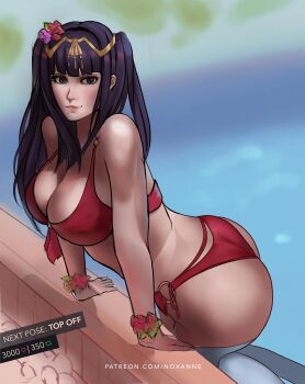 1girl absurdres ass bare_shoulders bikini black_eyes black_hair blush breasts cleavage fire_emblem fire_emblem_awakening flower hair_flower hair_ornament highres large_breasts long_hair looking_at_viewer nintendo noxanne sleeveless swimsuit tharja_(fire_emblem) tharja_(summer)_(fire_emblem) thong thong_bikini twintails water