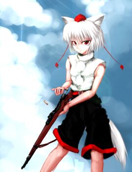 1girl animal_ears bolt_action female_focus gun hat highres inubashiri_momiji karabiner_98k mauser_98 red_eyes rifle ruka solo tail tokin_hat touhou weapon white_hair wolf_ears wolf_tail