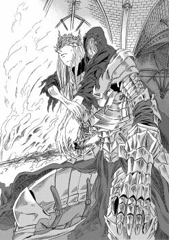 2boys 913kousatu absurdres armor armored_boots boots breastplate brothers carrying commentary_request cowboy_shot dark_souls_(series) dark_souls_iii eye_mask fire flaming_sword flaming_weapon gauntlets greyscale highres indoors long_hair lorian_(elder_prince) lothric_(younger_prince) male_focus mask monochrome multiple_boys piggyback siblings sword weapon
