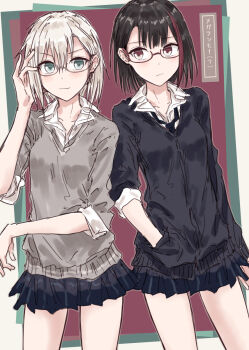 2girls aoba_moca bang_dream! bang_dream!_girls_band_party! black_cardigan black_necktie black_skirt blue_eyes breasts brown-framed_eyewear brown_eyes cardigan collared_shirt commentary cowboy_shot glasses grey_sweater hand_in_pocket highres long_sleeves medium_breasts miniskirt mitake_ran multiple_girls necktie open_collar plaid_clothes plaid_skirt pleated_skirt red_background semi-rimless_eyewear shirt skirt sleeves_rolled_up standing sweater three-quarter_sleeves translation_request under-rim_eyewear white_shirt yukitake_(bullfalk)