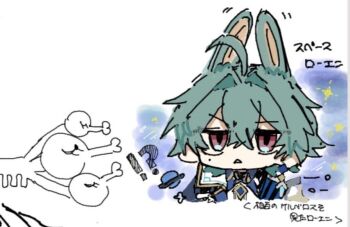 Rule 34 | !?, 1boy, ahoge, animal ears, armor, bare shoulders, belt, belt collar, black choker, blue shirt, chibi, choker, collar, collared shirt, commentary request, earrings, genshin impact, green hair, hair between eyes, hair intakes, jewelry, lohen (genshin impact), male focus, mole, mole under eye, multicolored eyes, parted lips, rabbit ears, shirt, short hair, single earring, solo, upper body, white background