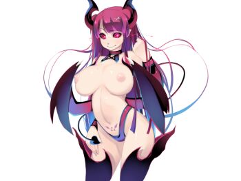 1girl arm_at_side black_sclera black_thighhighs blue_hair breasts closed_mouth colored_sclera curvy demon_girl demon_horns demon_tail demon_wings energy game_cg gradient_hair gradient_thighhighs hair_ornament hairclip horns huge_breasts long_hair low_wings mole mole_on_breast mole_under_mouth mon-musu_quest! mon-musu_quest:_paradox multicolored_hair myusca_(succubus_prison) navel nose playing_with_own_hair pointy_ears pubic_tattoo purple_thighhighs raised_eyebrow red_eyes red_hair red_thighhighs shiki_(psychedelic_g2) smug solo succubus_prison tail tattoo thighhighs thighs variant_set very_long_hair wide_hips wings x_hair_ornament