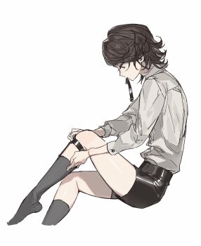 Rule 34 | 1boy, absurdres, black shorts, brown hair, cropped legs, from side, green eyes, grey socks, hanaseto, highres, invisible chair, kamen rider, kamen rider w, legwear garter, long sleeves, male focus, mouth hold, philip (kamen rider), putting on legwear, shirt, short hair, shorts, simple background, sitting, socks, solo, white background, white shirt