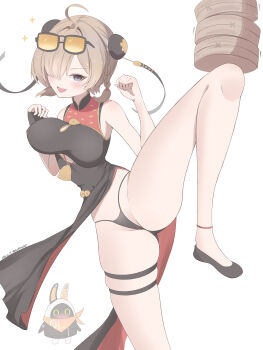 1girl ahoge bangboo_(zenless_zone_zero) black_dress black_gloves black_panties black_shoes blonde_hair breasts china_dress chinese_clothes dress eous_(zenless_zone_zero) fingerless_gloves gloves highres leg_hold leg_up looking_at_viewer medium_breasts medium_hair open_mouth panties purple_eyes shoes single_glove sleeveless sleeveless_dress smile solo sweety_(zenless_zone_zero) thigh_strap underwear vanillafox2035 white_background zenless_zone_zero