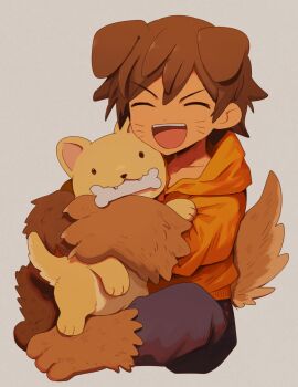 1boy animal animal_ears black_pants bone brown_hair collarbone dark-skinned_male dark_skin dog dog_boy dog_ears dog_tail full_body g_tsurius hector_(omori) highres holding holding_animal hood hoodie kel_(faraway)_(omori) kel_(omori) kemonomimi_mode long_sleeves male_focus omori orange_hoodie pants short_hair sitting solo tail