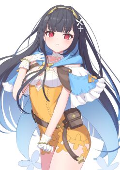 Rule 34 | 1girl, black hair, blue capelet, blue hair, blue hood, blush, bracelet, breasts, capelet, collarbone, colored inner hair, cowboy shot, flower, frills, gloves, hair flower, hair ornament, hairband, highres, hood, jewelry, leotard, long hair, looking at viewer, mizuhi kou, multicolored hair, nazuka (stella sora), parted lips, red eyes, simple background, small breasts, solo, star-shaped pupils, star (symbol), stella sora, symbol-shaped pupils, very long hair, white background, white gloves, yellow leotard