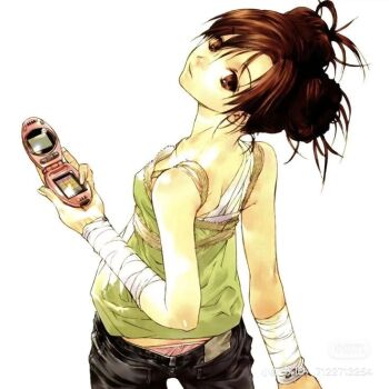 1girl bandages brown_hair denim downpants expressionless jeans looking_at_viewer looking_back okazaki_takeshi panties pants platonic_chain simple_background source_request tagme underwear white_background