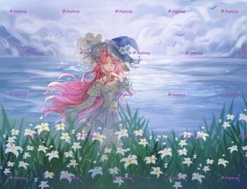 absurdres alternate_color artist_name blue_dress blue_eyes blue_flower blue_hat butterfly_earrings butterfly_hat_ornament chinese_commentary cloud cloudy_sky commentary_request day dress earrings field floating_hair flock flower flower_field frilled_dress frilled_headwear frilled_sleeves frills hair_flower hair_ornament hand_on_own_chin happy hat hat_flower hat_ornament highres infinity_nikki jewelry layered_sleeves light_particles lily_(flower) lingtang_(xinjinjumin836983697133) long_hair long_sidelocks long_sleeves looking_to_the_side nikki_(series) ocean off-shoulder_dress off_shoulder one-hour_drawing_challenge outdoors parted_lips pink_hair pleated_dress rainfall_&amp;_blossoms_(infinity_nikki) short_over_long_sleeves short_sleeves sidelocks simple_bird sky sleeves_past_wrists smile very_long_hair watermark watermark_grid wavy_hair white_flower wind witch witch_hat