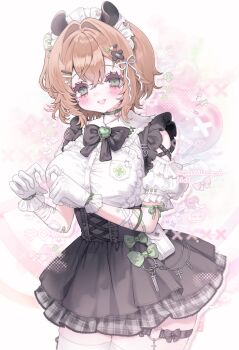 1girl animal_ears bandaged_arm bandages bandaid bandaid_hair_ornament bandaid_on_arm black_bow black_skirt blonde_hair blush bottle_ornament bow bowtie breasts choker clover commentary_request commission cross cross_choker cross_pendant crossed_bangs dress flower_hairclip gem gloves green_bow green_choker green_eyes green_gem green_ribbon hair_between_eyes hair_bow hair_intakes hair_ornament heart heart_background heart_hands heart_o-ring heart_ornament highres indie_virtual_youtuber lace lace-trimmed_dress lace_trim large_breasts looking_at_viewer maid_headdress medicine medium_hair messy_hair nimi_nightmare o-ring o-ring_thigh_strap one_side_up open_mouth pill puffy_short_sleeves puffy_sleeves ribbon rounded_collar safety_pin scalpel shirt shishamosama short_sleeves skeb_commission skirt solo syringe tapir_ears tapir_girl thigh_strap thighhighs virtual_youtuber white_gloves white_ribbon white_thighhighs