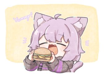 Rule 34 | 1girl, ahoge, animal ears, black hoodie, burger, cat ears, cat tail, chibi, commentary, eating, fang, food, gentaro (g teall), holding, holding burger, holding food, hololive, hood, hoodie, nekomata okayu, nekomata okayu (1st costume), purple hair, symbol-only commentary, tail, virtual youtuber, yellow background