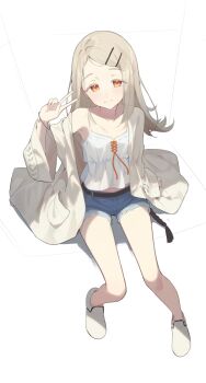 absurdres belt black_belt camisole colored_eyelashes commentary_request denim denim_shorts flipped_hair from_above full_body gakuen_idolmaster hair_ornament hairclip highres idolmaster light_smile long_hair lumo_1121 orange_eyes parallel_hairclips robe rope_belt shinosawa_hiro shoes shorts sitting skinny solo v white_camisole white_robe white_shoes wristband