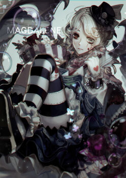 1girl absurdres black_footwear black_hat blonde_hair blood blood_on_face bouquet bow brown_eyes bubble copyright_name english_text flower frills gloves hair_bow hat heart highres long_sleeves looking_at_viewer magdalene pantyhose shali_diyu sitting striped_clothes striped_pantyhose the_binding_of_isaac tilted_headwear white_gloves