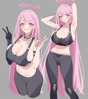 1girl armpits arms_behind_head arms_up black_gloves black_pants black_sports_bra blue_archive blush breasts cleavage commentary_request double_v eimi_(armed)_(blue_archive) eimi_(blue_archive) elbow_gloves gloves gluteal_fold halo large_breasts long_hair looking_at_viewer midriff multiple_views navel official_alternate_costume official_artist_extra pants pink_eyes pink_hair pink_halo popqn sideboob simple_background single_elbow_glove single_glove skindentation smile sports_bra sweat tight_clothes tight_pants v