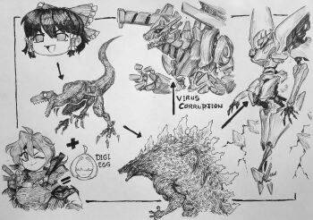 Rule 34 | absurdres, bow, cel 240, chronozbergh, crosshatching, digimon, dinosaur, elegg (nikke), english text, goddess of victory: nikke, godzilla, godzilla (series), godzilla against mechagodzilla, greyscale, hair bow, hair tubes, hakurei reimu, hatching (texture), highres, humanoid robot, lina inverse, linear hatching, mechagodzilla, meme, monochrome, robot, robot girl, touhou, traditional media, visor (armor), woven hatching, yukkuri shiteitte ne