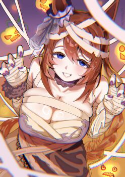 Rule 34 | 1girl, animal ears, bandage on hair, bandaged arm, bandaged hand, bandaged head, bandaged torso, bandages, bandeau, bare shoulders, blue eyes, blush, braid, breasts, brown hair, cleavage, collarbone, commentary, ear scrunchie, english commentary, grin, hair between eyes, halloween, halloween costume, highres, horse ears, horse girl, horse tail, large breasts, long hair, looking at viewer, low-braided long hair, low-tied long hair, lutrinachi, mummy costume, official alternate costume, open mouth, purple bandeau, purple nails, smile, solo, super creek (chiffon-wrapped mummy) (umamusume), super creek (umamusume), tail, teeth, torn bandages, torn bandeau, umamusume, very long hair