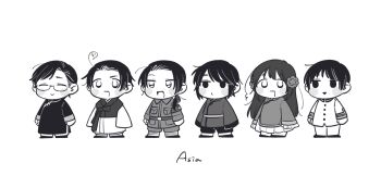 1girl 5boys absurdres ahoge armband axis_powers_hetalia baggy_pants bandaged_leg bandages belt blush_stickers bow breast_pocket buttons chibi chibi_only china_(hetalia) chinese_clothes clenched_hands closed_eyes closed_mouth collared_jacket english_text fang flower frills full_body glasses greyscale hair_flower hair_ornament half-closed_eyes hanbok highres hong_kong_(hetalia) jacket japan_(hetalia) korea_(hetalia) korean_clothes long_hair long_sleeves longpao looking_afar low_ponytail macau_(hetalia) mi_aph_to military military_jacket military_uniform monochrome multiple_boys open_mouth pants pocket ponytail semi-rimless_eyewear shirt shoes short_hair sidelocks simple_background skirt smile standing star_(symbol) star_print taiwan_(hetalia) vest wide_sleeves