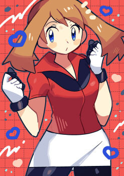 1girl anidler91 bandana bike_shorts bike_shorts_under_shorts blue_eyes blush breasts brown_hair cowboy_shot fanny_pack gloves heart highres may_(pokemon) nintendo pokemon pokemon_rse red_bandana red_shirt shirt shorts shorts_under_shorts solo white_gloves