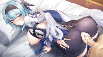 Rule 34 | 1boy, 1girl, all fours, anus, ass, bed sheet, bent over, blue necktie, blush, breasts, breasts out, cape, clothed female nude male, clothed sex, commentary request, cum, cum in pussy, eula (genshin impact), genshin impact, hair ornament, hairband, hand on own ass, hetero, highres, large breasts, large variant set, leotard, long hair, necktie, nipples, nude, on bed, penis, pillow, pineapp panda, puckered anus, pussy, sex, thighhighs, torn clothes, torn leotard, uncensored, vaginal, variant set