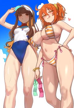 2girls absurdres alternate_breast_size_(larger) bad_link beach bikini blue_sky breasts brown_eyes brown_hair celeb_summer_experience! cloud condom condom_belt condom_packet_strip condom_wrapper covered_erect_nipples ebora fate/extra fate/grand_order fate_(series) from_below fujimaru_ritsuka_(female) fujimaru_ritsuka_(female)_(brilliant_summer) hair_ornament hair_scrunchie hand_on_headwear highleg highleg_one-piece_swimsuit highres holding holding_condom kishinami_hakuno_(female) large_breasts licking_lips long_hair multicolored_swimsuit multiple_girls navel official_alternate_costume one-piece_swimsuit one_side_up orange_bikini orange_hair outdoors ponytail scrunchie sideboob sky small_breasts stomach striped_bikini striped_clothes swimsuit thighs tongue tongue_out used_condom variant_set visor_cap white_one-piece_swimsuit