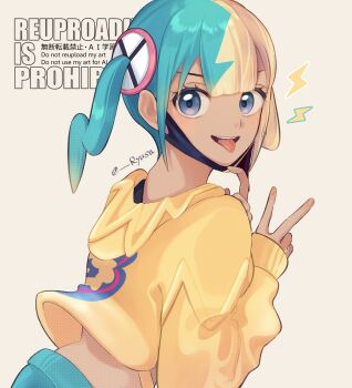 1girl :d absurdres blue_eyes canari_(pokemon) commentary_request eyelashes grey_background hands_up highres hood hood_down hooded_jacket jacket lightning_bolt_symbol long_sleeves looking_at_viewer multicolored_hair nintendo open_mouth pants pokemon pokemon_legends:_z-a print_jacket ryusa_(gjgd7445) sleeves_past_wrists smile solo teeth tongue tongue_out twintails twitter_username upper_teeth_only watermark yellow_jacket