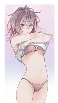 1girl absurdres border bra clothes_lift commentary_request cowboy_shot gradient_background grey_bra grey_hair grey_panties highres kkachi_(limkkachi) korean_commentary lifting_own_clothes looking_at_viewer medium_hair messy_hair mole mole_under_breast muted_color navel no_pants original panties parted_lips purple_eyes shirt shirt_lift sketch solo standing stomach underwear undressing variant_set white_border white_shirt