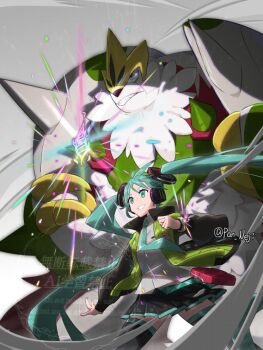 1girl 1other aqua_eyes aqua_hair aqua_necktie aqua_skirt black_jacket chesnaught claws collared_shirt commentary_request dark_skin gen_6_pokemon grey_shirt hair_between_eyes hair_ornament hatsune_miku jacket long_hair mega_chesnaught mega_pokemon miniskirt necktie nejikyuu nintendo pleated_skirt pokemon pokemon_(creature) pokemon_legends:_z-a project_voltage shirt skirt teeth thighhighs twintails twitter_username very_long_hair vocaloid watermark zettai_ryouiki