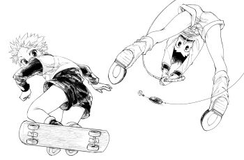 2boys fishing_rod gon_freecss hunter_x_hunter killua_zoldyck long_sleeves male_focus multiple_boys odenkong shirt short_hair shorts skateboard white_background