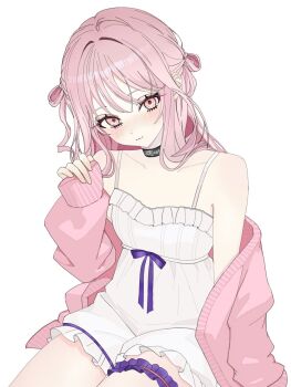 1other :3 akiyama_mizuki arm_out_of_sleeve bare_shoulders black_choker blush chemise choker choppy_bangs closed_mouth cowboy_shot emphasis_lines eyelashes frilled_chemise frilled_thigh_strap frills hair_rings hand_up head_tilt highres jacket jacket_partially_removed long_hair long_sleeves looking_at_viewer loungewear off_shoulder official_alternate_hairstyle open_clothes open_jacket other_focus our_golden_days_(project_sekai) pinching_sleeves pink_eyes pink_hair pink_jacket project_sekai purple_ribbon rea_0523 ribbon side_up_ring simple_background single_sleeve_past_wrist sitting solo spaghetti_strap thigh_strap two_side_up white_background white_chemise