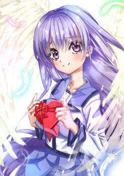 Rule 34 | 1girl, absurdres, angel, angel beats!, angel wings, blue skirt, blush, bow, box, closed mouth, commentary request, cowboy shot, eyelashes, falling feathers, feathers, floating hair, furrowed brow, gift, hair between eyes, hands up, heart-shaped box, heaven burns red, highres, holding, holding gift, irie miyuki, long hair, long sleeves, looking at viewer, miniskirt, pleated skirt, purple eyes, purple hair, red bow, shinda sekai sensen uniform, shirt, short sleeves, sidelocks, simple background, skirt, smile, solo, split mouth, tareme, valentine, very long hair, white background, white shirt, wings, yoyoyo.