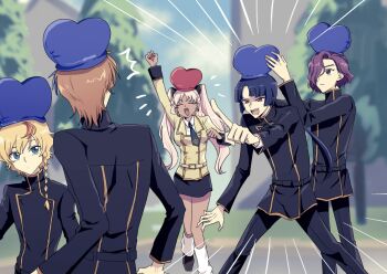 2girls 3boys ash_phoenix ashford_academy_school_uniform blonde_hair blue_eyes braid breasts brown_hair catherine_sabathra character_request closed_eyes code_geass code_geass:_dakkan_no_roze dark-skinned_female dark_skin goro-2 hair_over_eyes hat long_hair multiple_boys multiple_girls open_mouth pink_hair purple_eyes school_uniform short_hair skirt twintails very_long_hair