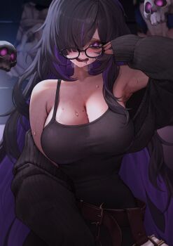 1girl absurdres arm_warmers bare_shoulders belt black_arm_warmers black_dress black_hair breasts brown_belt cleavage colored_inner_hair commentary_request dress drooling glasses goddess_of_victory:_nikke heart heart-shaped_pupils highres label_(nikke) large_breasts long_hair looking_at_viewer messy_hair mikelee0614 mole mole_on_breast mouth_drool multicolored_hair purple_eyes purple_hair skull solo sweat symbol-shaped_pupils two-tone_hair very_long_hair white_background