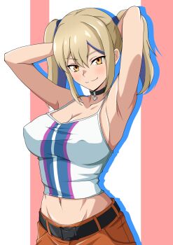 1girl absurdres arms_behind_head belt black_belt black_choker blonde_hair breasts character_request choker collarbone commentary_request copyright_request feet_out_of_frame highres large_breasts long_hair looking_at_viewer navel smile solo standing stomach takaiwaeitoku twintails yellow_eyes