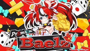 1girl :3 absurdres animal_ear_fluff animal_ears black_hair blue_eyes bow breasts character_name cheese choker closed_mouth commentary_request company_name copyright_notice detached_sleeves dice food hakos_baelz hakos_baelz_(1st_costume) highres hololive hololive_dreams hololive_english key mouse_ears mouse_girl mousetrap mr._squeaks_(hakos_baelz) multicolored_hair official_art red_hair shirt solo spiked_choker spikes streaked_hair v v-shaped_eyebrows virtual_youtuber white_hair white_shirt yellow_bow yellow_sleeves