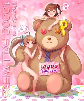 2girls :d :t ahoge artist_name barefoot blush breasts brown_eyes brown_hair commentary_request completely_nude hair_ornament hairclip hakozaki_serika heart highres idolmaster idolmaster_million_live! kasuga_mirai koaya long_hair looking_at_viewer milestone_celebration multiple_girls nude one_side_up open_mouth oversized_object pout short_hair signature smile spoken_heart stuffed_animal stuffed_toy teddy_bear twintails