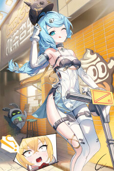 !? 2girls ;d absurdres bangboo_(zenless_zone_zero) bare_shoulders black_helmet blonde_hair blue_hair blue_sky choker commentary corsa_24 elbow_gloves gloves hair_between_eyes hair_ornament helmet highres long_hair luciana_de_montefio motor_vehicle multiple_girls one_eye_closed open_mouth outdoors red_eyes scooter see-through_dress_layer seed_(zenless_zone_zero) sky smile stool zenless_zone_zero