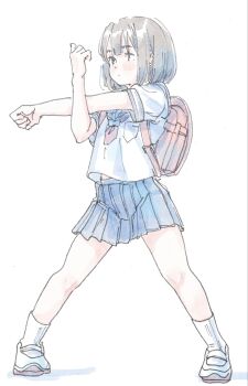 1girl backpack bag blue_sailor_collar blue_skirt blunt_bangs blush bob_cut bow bowtie brown_eyes brown_hair closed_mouth commentary dot_mouth dot_nose double-parted_bangs expressionless full_body highres legs_apart loafers looking_ahead midriff_peek original pleated_skirt poranka_(porankaran) randoseru red_bow red_bowtie sailor_collar school_uniform serafuku shoes short_hair simple_background skirt socks solo thighs white_background white_shoes white_socks