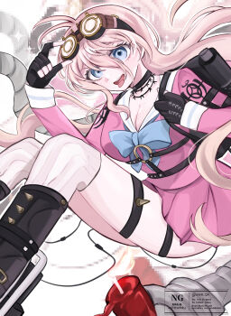 Rule 34 | 1girl, adjusting eyewear, ahoge, antenna hair, arm belt, barbed wire, belt, blonde hair, blue eyes, blush, breasts, candle, censored, choker, cleavage, commentary request, danganronpa (series), danganronpa v3: killing harmony, eyelashes, fingerless gloves, gloves, goggles, goggles on head, hair between eyes, highres, iruma miu, large breasts, long hair, long sleeves, looking at viewer, mmr 0x, mosaic censoring, multiple belts, no dickey, o-ring, o-ring belt, open mouth, outline, pink serafuku, pink shirt, school uniform, serafuku, shirt, skirt, smile, solo, sparkle, thigh belt, thigh strap, thighhighs, tongue, tongue out, very long hair, watermark, white outline
