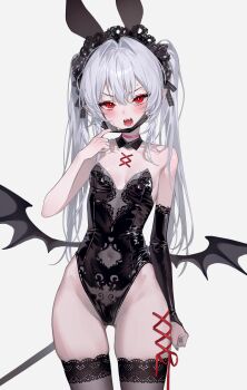 1girl animal_ears bare_shoulders black_leotard breasts brown_thighhighs choker commission covered_navel cowboy_shot detached_collar detached_sleeves fangs fymrie hand_up headdress highleg highleg_leotard highres leotard long_hair looking_at_viewer low_wings mask mask_pull mouth_mask open_mouth original pink_choker playboy_bunny pointy_ears pulling_own_clothes rabbit_ears red_eyes second-party_source simple_background single_detached_sleeve small_breasts solo standing strapless strapless_leotard sweatdrop tail thigh_gap thighhighs thighs twintails v-shaped_eyebrows white_background white_hair wings