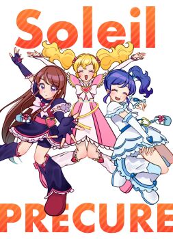 3girls aikatsu!_(series) apricotchan0202 arms_up black_arm_warmers black_leg_warmers blonde_hair blue_hair boots brooch brown_hair buckle closed_eyes cosplay cure_black cure_black_(cosplay) cure_white cure_white_(cosplay) english_text fingerless_gloves frilled_arm_warmers futari_wa_precure gloves hand_up heart heart-shaped_buckle heart_belt heart_brooch highres hoshimiya_ichigo jewelry kiriya_aoi leg_warmers long_hair multiple_girls pose_imitation precure purple_eyes shibuki_ran shiny_luminous shiny_luminous_(cosplay) shorts shorts_under_skirt smile twintails white_arm_warmers white_background white_boots