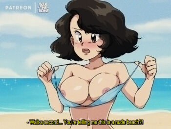 1990s_(style) 1girl aqua_bikini artist_logo artist_name artist_self-insert beach bikini bikini_pull black_eyes black_hair bluesona_(bluethebone) bluethebone blush breasts clothes_pull collarbone commentary day english_commentary english_text fake_screenshot female_focus fictional_persona logo nipples open_mouth original pulling_own_clothes retro_artstyle short_hair solo subtitled swimsuit upper_body vhs_artifacts