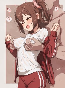 1boy 1girl ? absurdres behind_another blush breasts brown_eyes brown_hair clothed_female_nude_male covered_erect_nipples cowboy_shot front-to-back grabbing_another&#039;s_breast grabbing_from_behind groping hair_ornament hairclip heart hetero highres idolmaster idolmaster_million_live! jacket kasuga_mirai long_sleeves medium_breasts milliani nipple_stimulation nipple_tweak nude one_eye_closed one_side_up open_clothes open_jacket open_mouth red_jacket shirt short_hair spoken_question_mark standing t-shirt track_jacket wet wet_clothes wet_shirt white_shirt