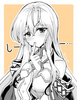 1girl bare_shoulders breasts circlet dress finger_to_mouth fire_emblem fire_emblem:_genealogy_of_the_holy_war hand_up julia_(fire_emblem) long_hair looking_at_viewer medium_breasts monochrome nintendo open_mouth simple_background solo upper_body wide_sleeves yukia_(firstaid0)