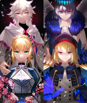00kashian00 2boys 2girls absurdres armor armored_dress artoria_caster_(fate) artoria_caster_(second_ascension)_(fate) artoria_pendragon_(fate) black_hair blonde_hair blue_bow blue_capelet blue_dress blue_eyes bow braid bug butterfly capelet claws commentary_request crown dragonfly_wings dress fate/grand_order fate_(series) green_eyes highres insect insect_wings juliet_sleeves long_hair long_neck long_sleeves medium_hair merlin_(fate) multiple_boys multiple_girls oberon_(fate) oberon_(third_ascension)_(fate) puffy_sleeves purple_eyes saber_(fate) smile split_screen twintails very_long_hair white_hair wings