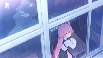 Rule 34 | 1girl, absurdres, ahoge, bird, black gloves, black skirt, blue archive, blue eyes, chair, classroom, cloud, collared shirt, commentary request, copyright name, desk, elbow on table, fingerless gloves, from above, from outside, gloves, hair between eyes, halo, head rest, heterochromia, highres, hoshino (blue archive), huge ahoge, hukahire0120, long hair, long sleeves, looking at viewer, looking to the side, official art, orange eyes, parted lips, pink hair, pink halo, plaid clothes, plaid skirt, reflection, school chair, school desk, shirt, skirt, solo, very long hair, white bird, white shirt, window