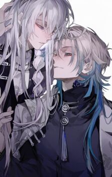 blue_eyes blue_hair blue_lock character_chart chinese_clothes close-up collared_shirt colored_sclera colored_tips eye_contact eyeshadow face-to-face grey_hair half-closed_eyes heads_together high_collar highres jacket light_smile lineart long_hair long_sleeves looking_at_another looking_down looking_up makeup male_focus medium_hair messy_hair michael_kaiser minimalism multicolored_hair original parted_bangs portrait red_eyes red_sclera reference_sheet serious shirt sketch smile two-tone_hair very_long_hair white_hair yaoi zhishiwan